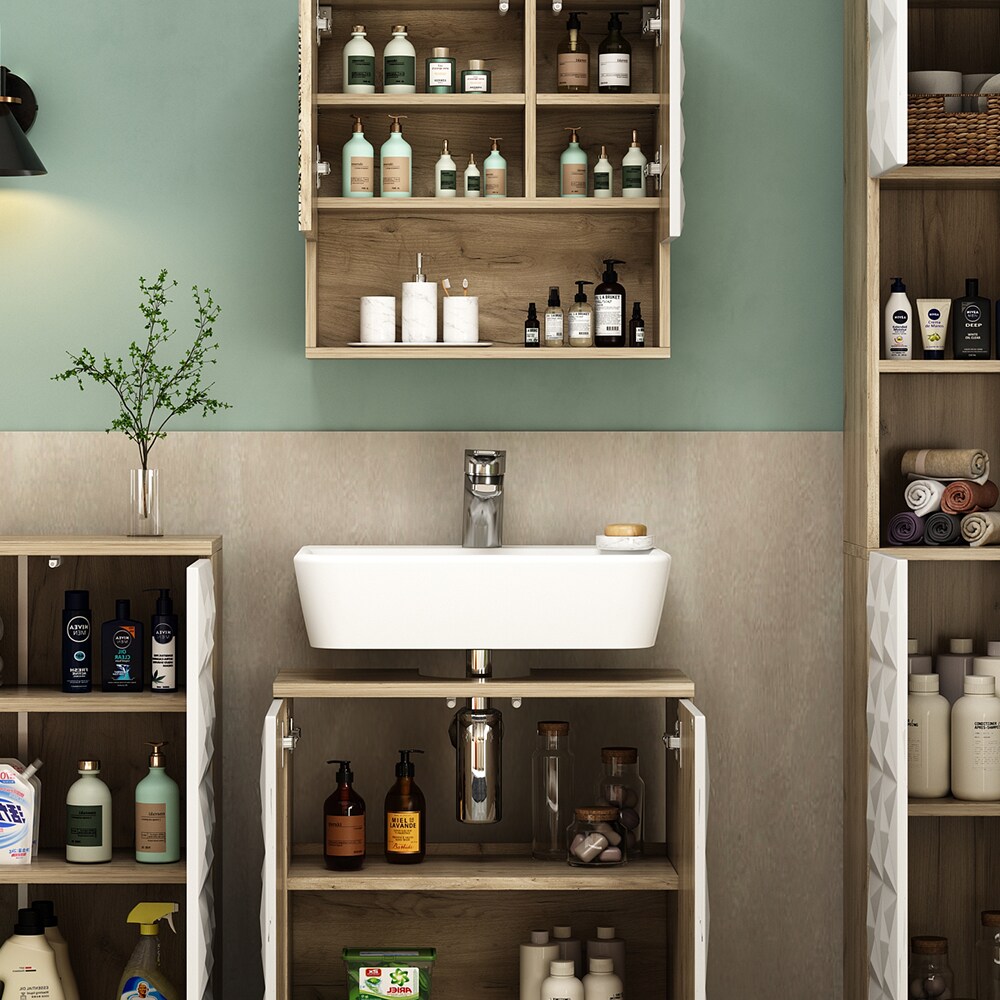 Vicco Badmöbel-Set Badezimmer-Möbel Bad-Schrank Edge Eiche Weiß modern Badezimmerschrank Waschbeckenunterschrank Spiegelschrank Hochschrank Badezimmerkommode