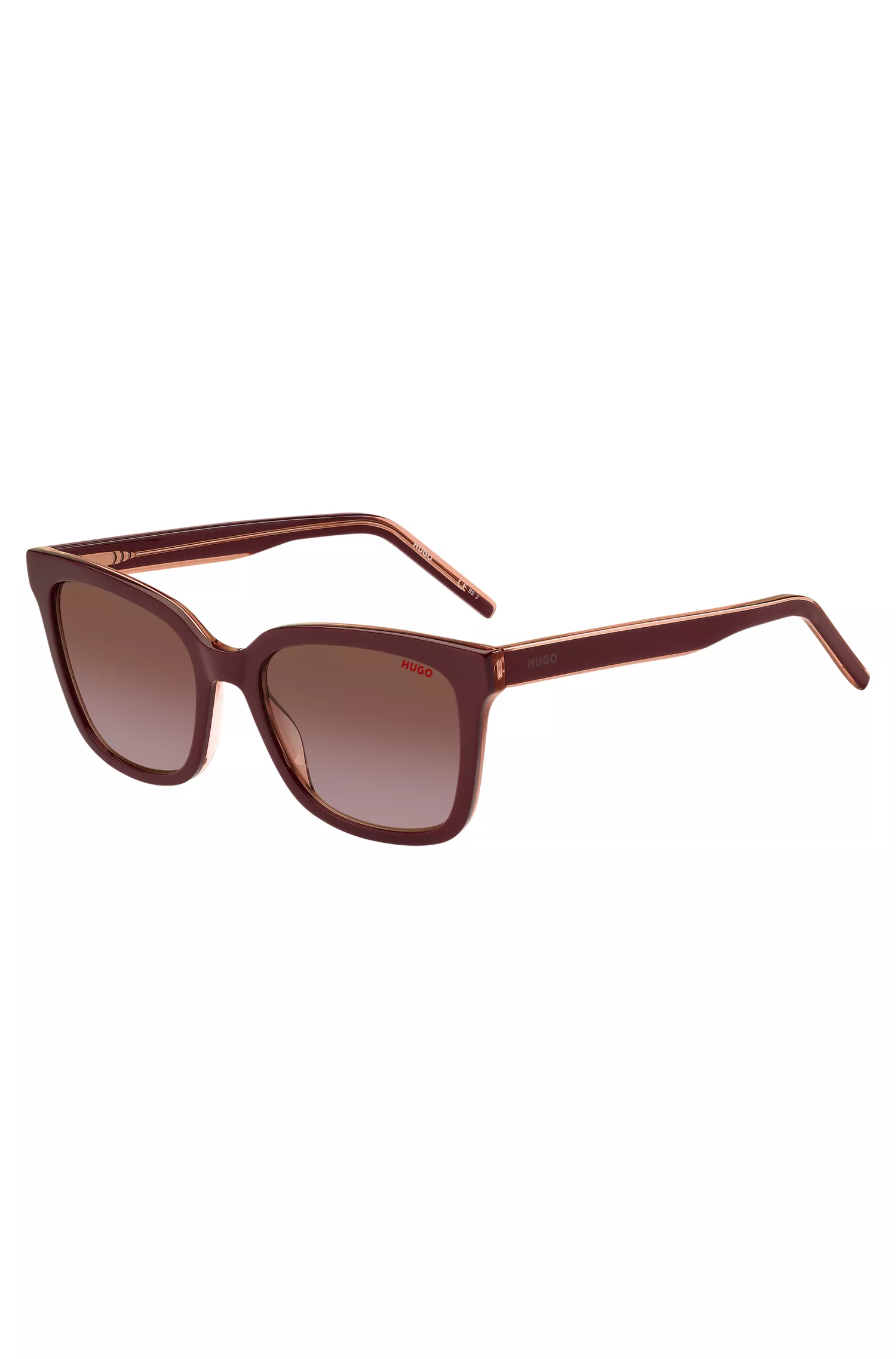 Óculos de sol HUGO em acetato vermelho-bordô com hastes personalizadas.