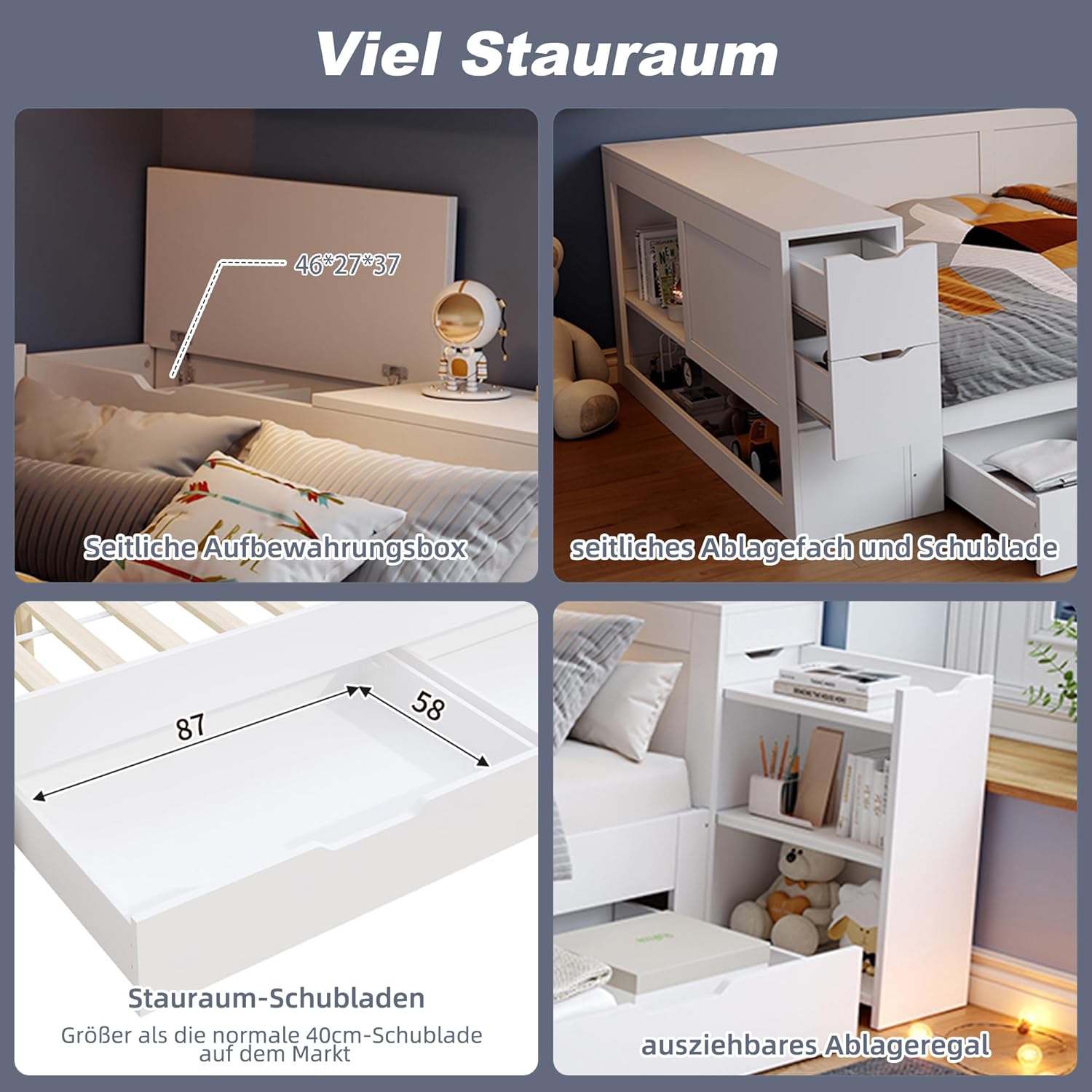 Kinderbett 90x200 cm, Einzelbett mit Regalen und Stauschrank, Stauraumbett mit Schubladen, Bettkasten mit Nachttischen, für Erwachsene und Jugendliche, Weiß, ohne Matratze