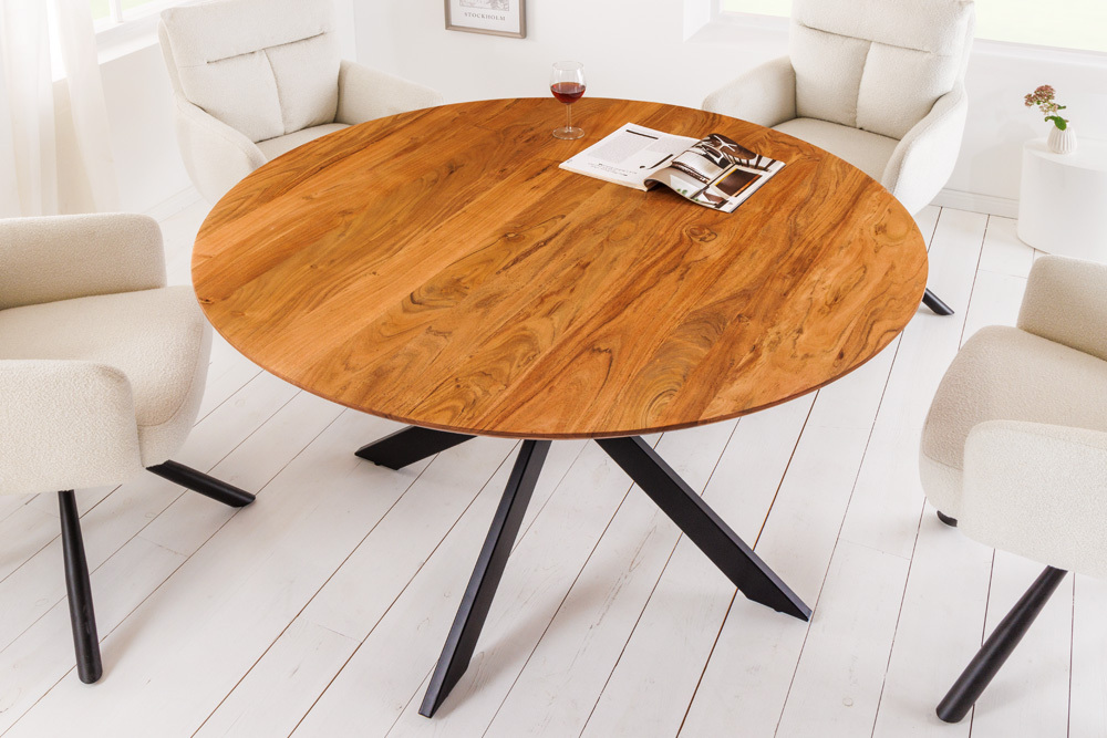 Massivholz Esstisch GALAXIE 130cm rund Akazie natur schwarzes Metallgestell