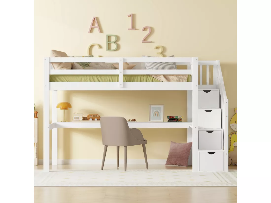 Lit mezzanine 90 x 200 cm avec bureau et 4 tiroirs - bois de pin + MDF - sommier à lattes - blanc