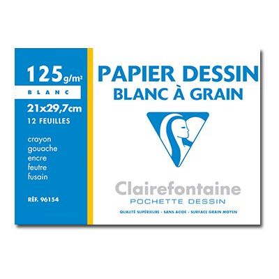 Clairefontaine Dessin à Grain - Pochette papier à dessin - 12 feuilles - A4 - 125 gr - blanc