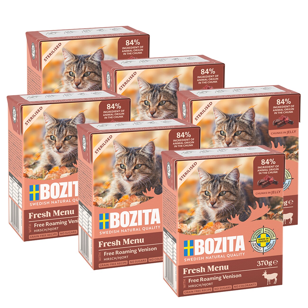 BOZITA Nassfutter Katze Sterilised Häppchen in Gelee mit Hirsch 6x370 g