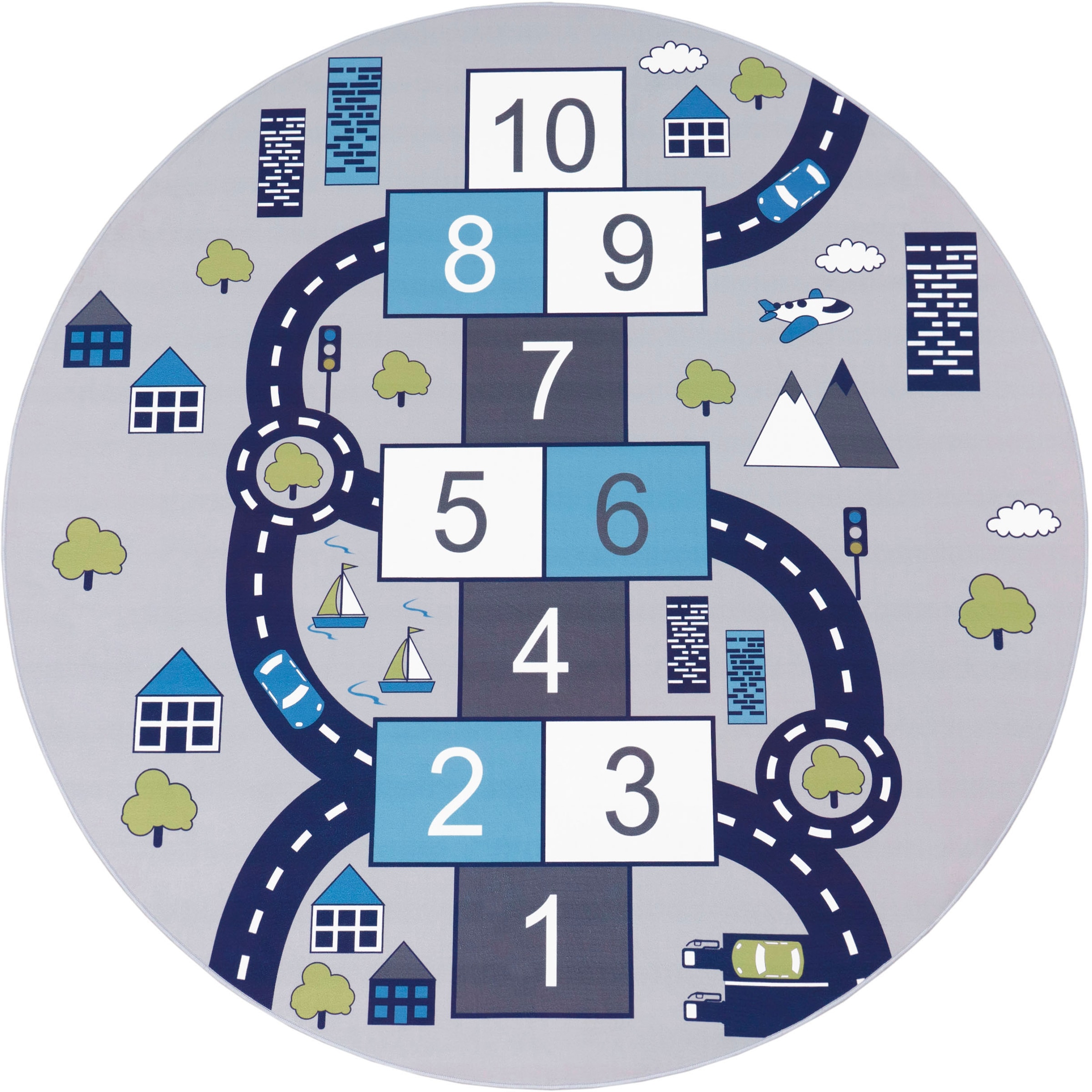 Paco Home Kinderteppich »Bino 565« rund 4 mm Höhe Kurzflor, Strassen-Spiel-Teppich & Spielmotiv Hüpfkästchen