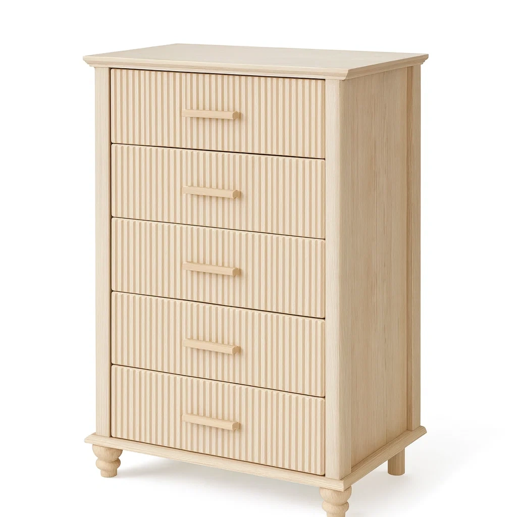 Commode à tiroirs en chêne 5 tiroirs rainurés beige