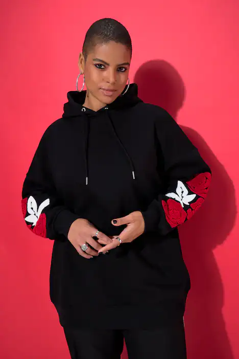 Hoodie, very oversized, Towelprint Rosen, schwarz