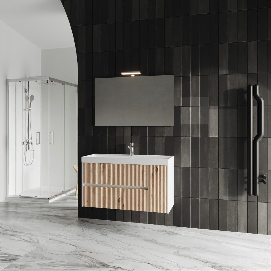 100cm wastafelmeubel met wastafel en spiegel 100x60 - geribbeld | Cortina