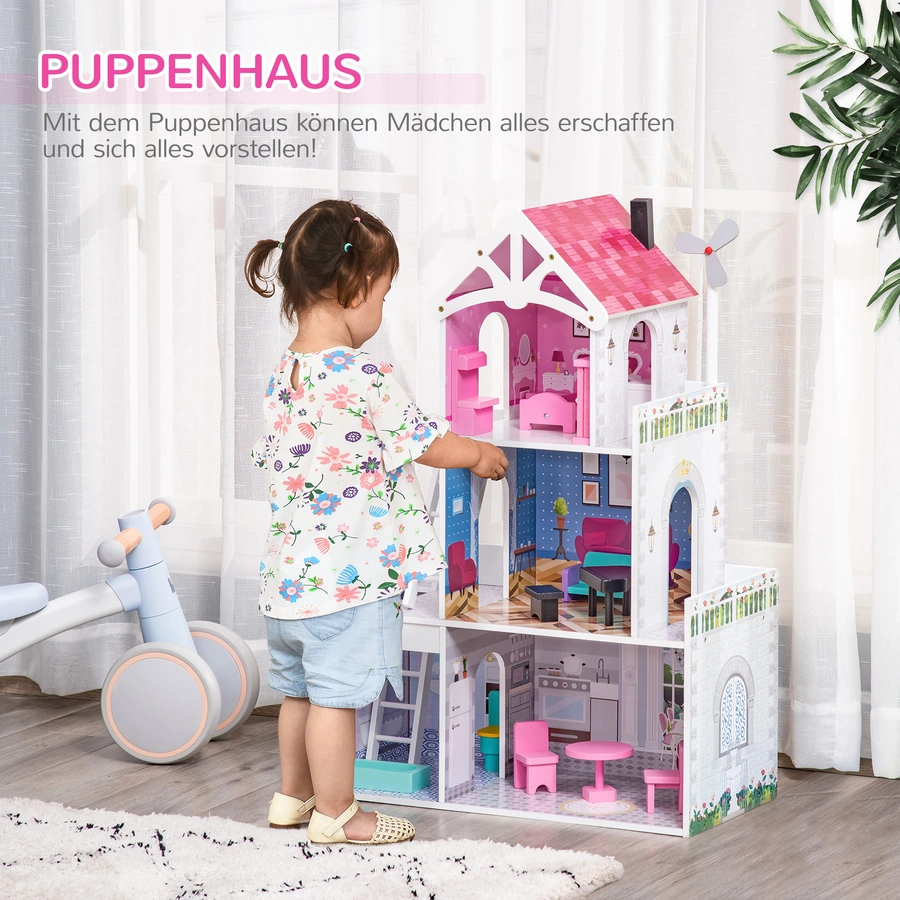 HOMCOM Kinder Puppenhaus mit 3 Etagen rosa