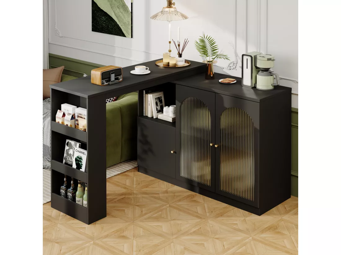 Meuble de bar pivotant - 3 portes et étagères de rangement - Bois MDF et verre - pour salle à manger ou salon - Noir