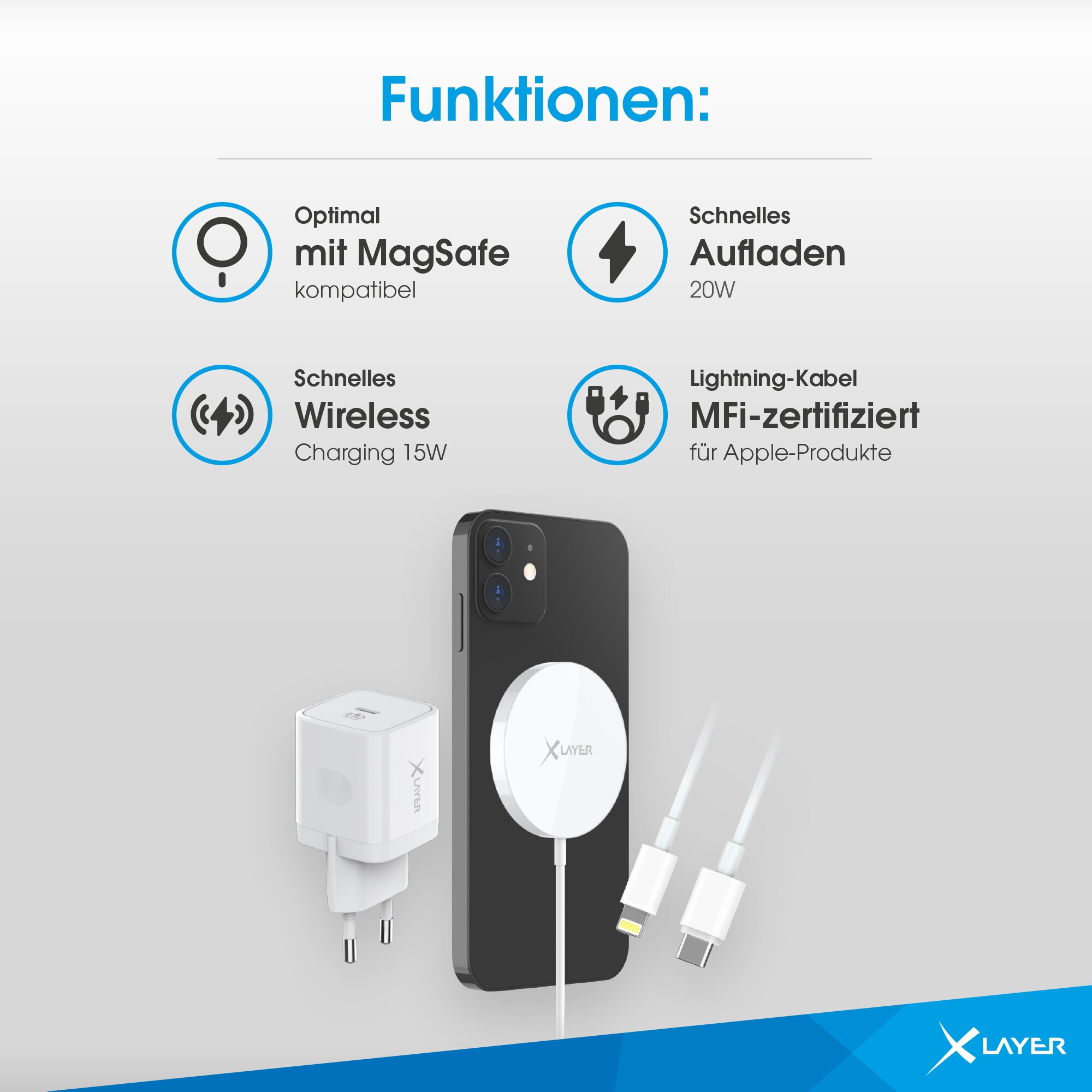 Xlayer WIRELESS MagFix Pro Wireless Charging Set Magsafe 20W Netzteil USB-C Lightning