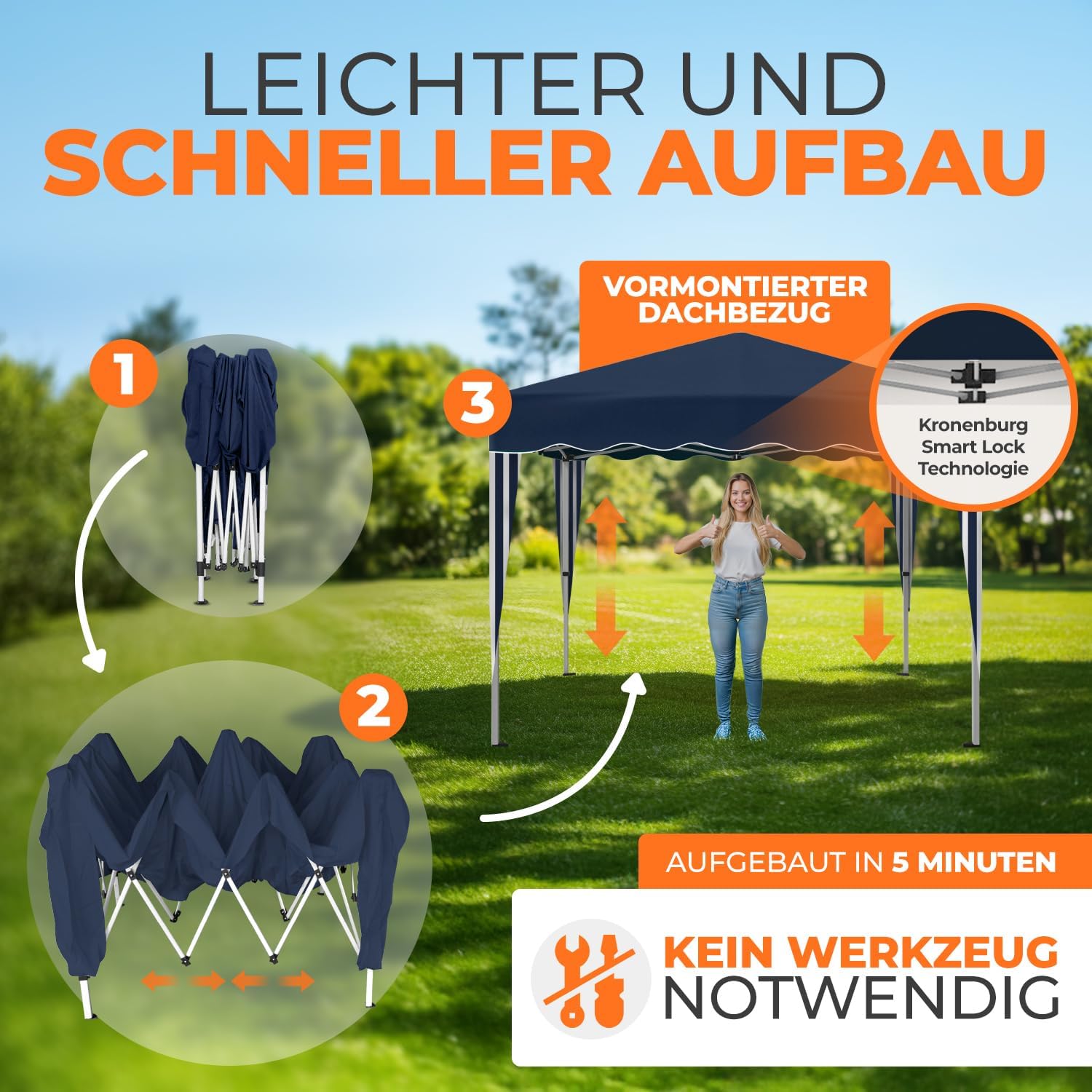 Kronenburg Faltpavillon wasserdicht Dachmaß 3 x 3 m UV Schutz 50+ Pavillon in Blau