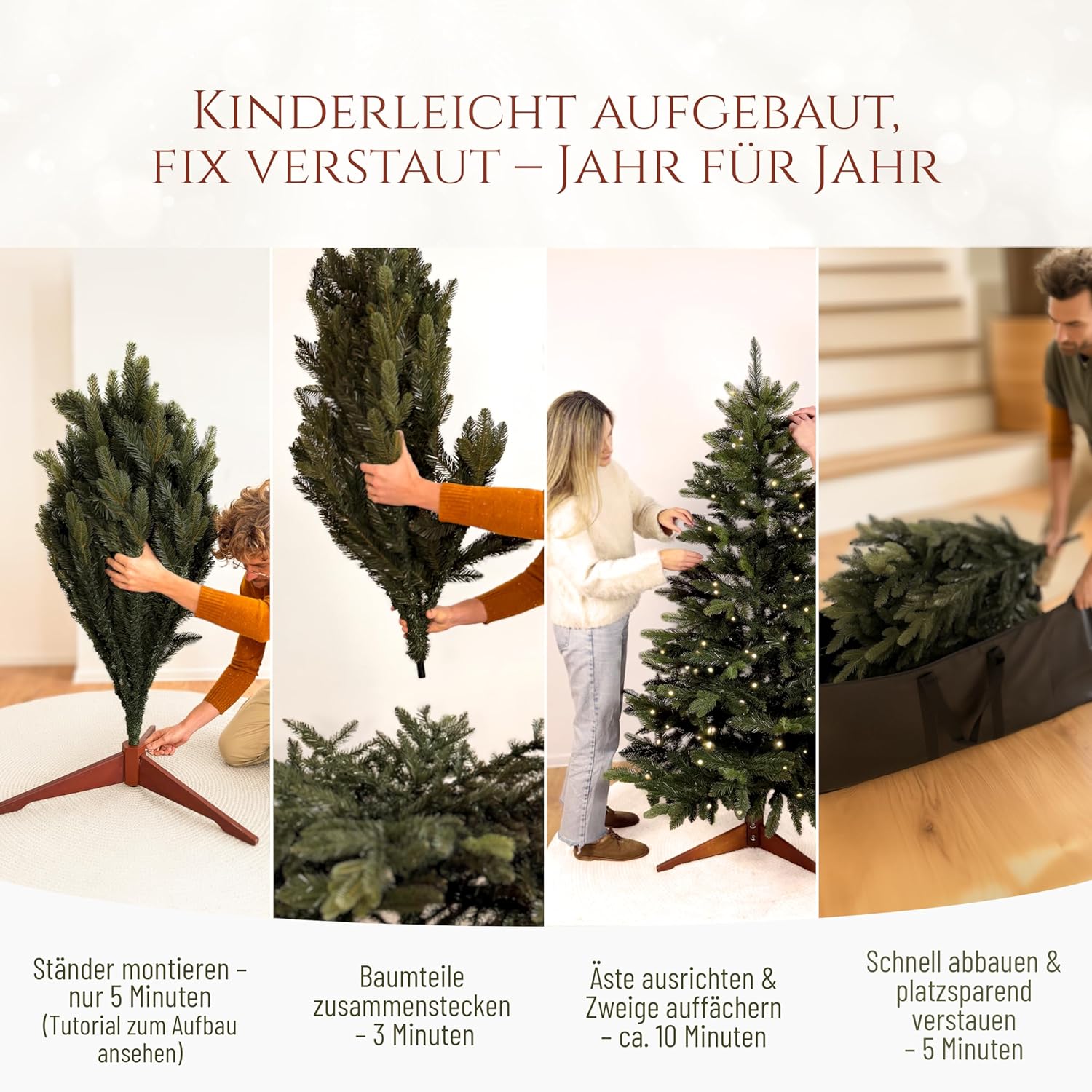 Premium Künstlicher Weihnachtsbaum mit Beleuchtung 180 cm – naturgetreuer Tannenbaum künstlich mit 440 warmweiß-goldenen LED, 8 Lichtmodi & Timer – Weihnachtsbaum LED mit Holzständer