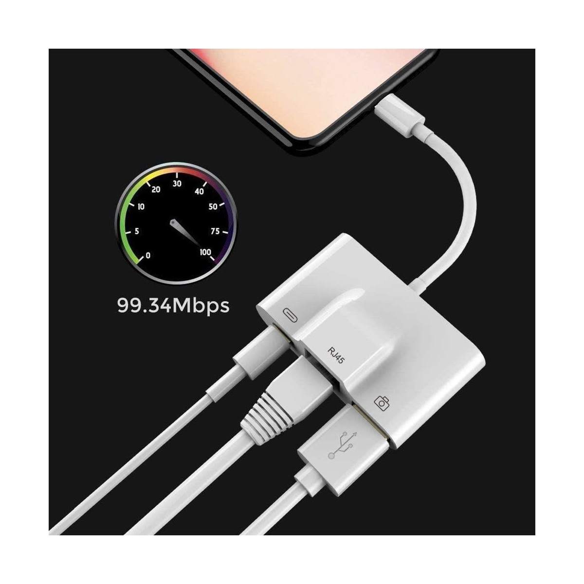 NÖRDIC Lightning Adapter 1 til 3 Porter 1x USB3.1 1x RJ45 10/100 Mbps 1X Lightning for lading