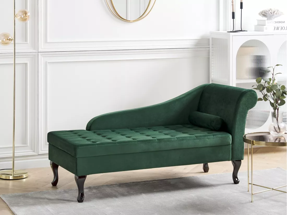 Chaise longue côté droit en velours vert foncé avec rangement PESSAC