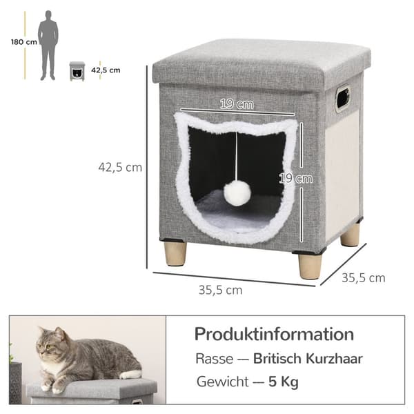 Cat Cave Ottoman Med Pute Og Skrapematte Lekeball Anti-Skli Grå Polyester For Katter