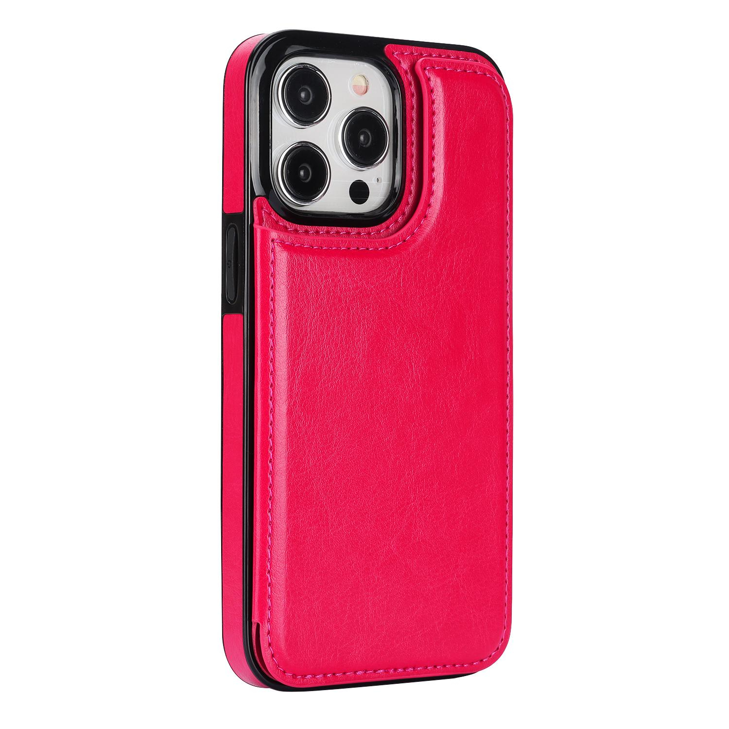 iPhone 15 Pro Max Hybrid Leder Hülle mit Kartenfach   Kickstand Aufsteller - Pink