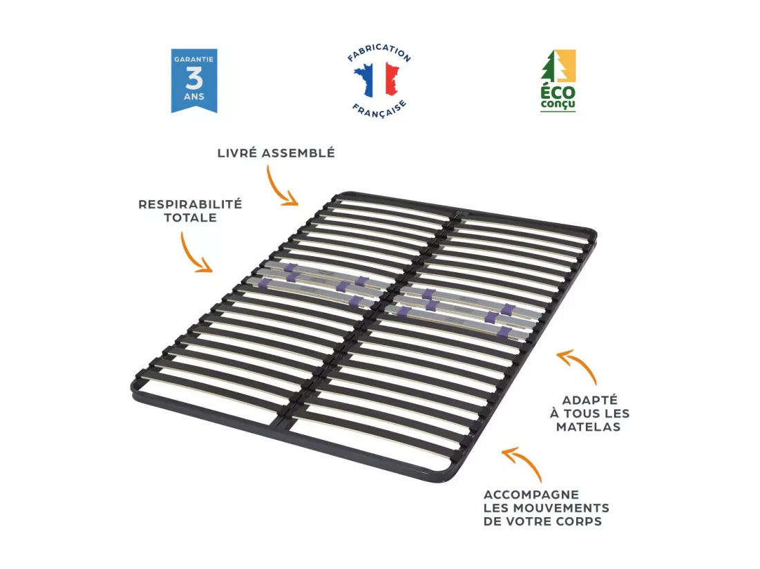Sommier à lattes 2x80x200 C223 - 42 lattes bois - Fabrication française