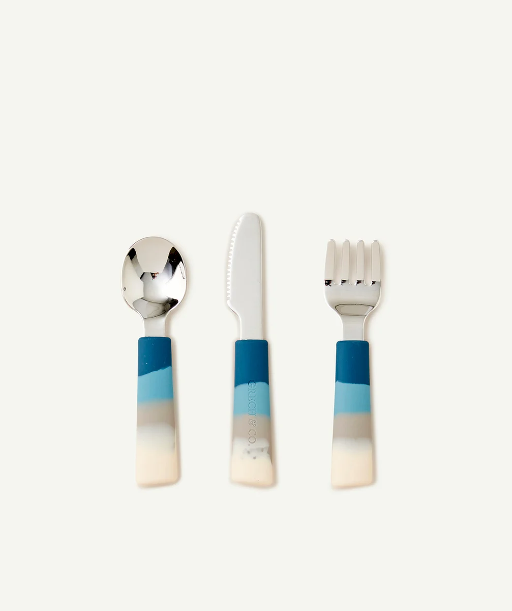 GRECH & CO.ENSEMBLE COUVERTS 3 PIÈCES BLEUS ENFANT EN SILICONE