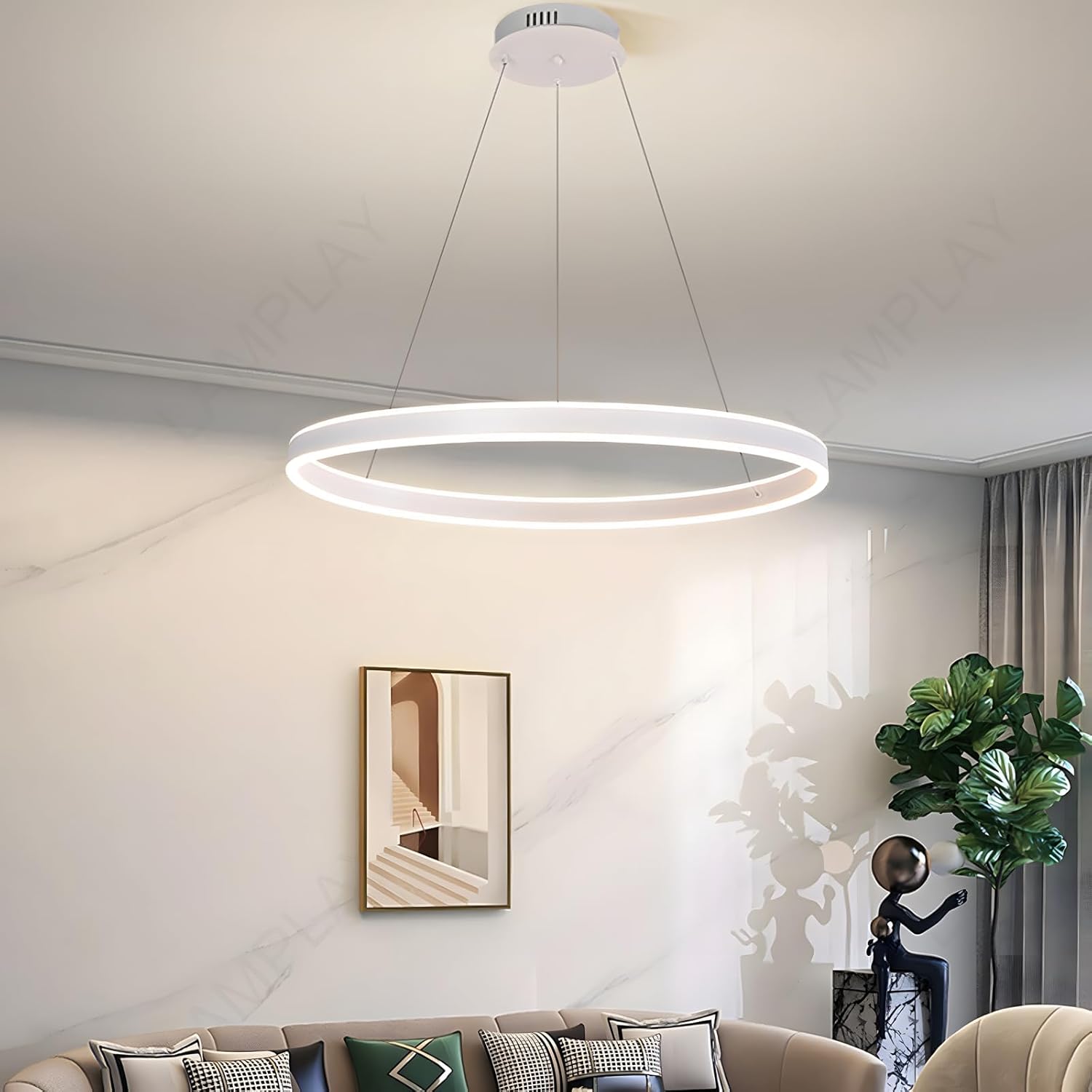 Runde Moderne LED-Pendelleuchte, 1 Weiß Ring-Kronleuchter, Dimmbar Mit Fernbedienung 3000K-6000K Deckenleuchte, Höhenverstellbar, Foyer, Wohnzimmer, Schlafzimmer, Esszimmer(Ø60cm)