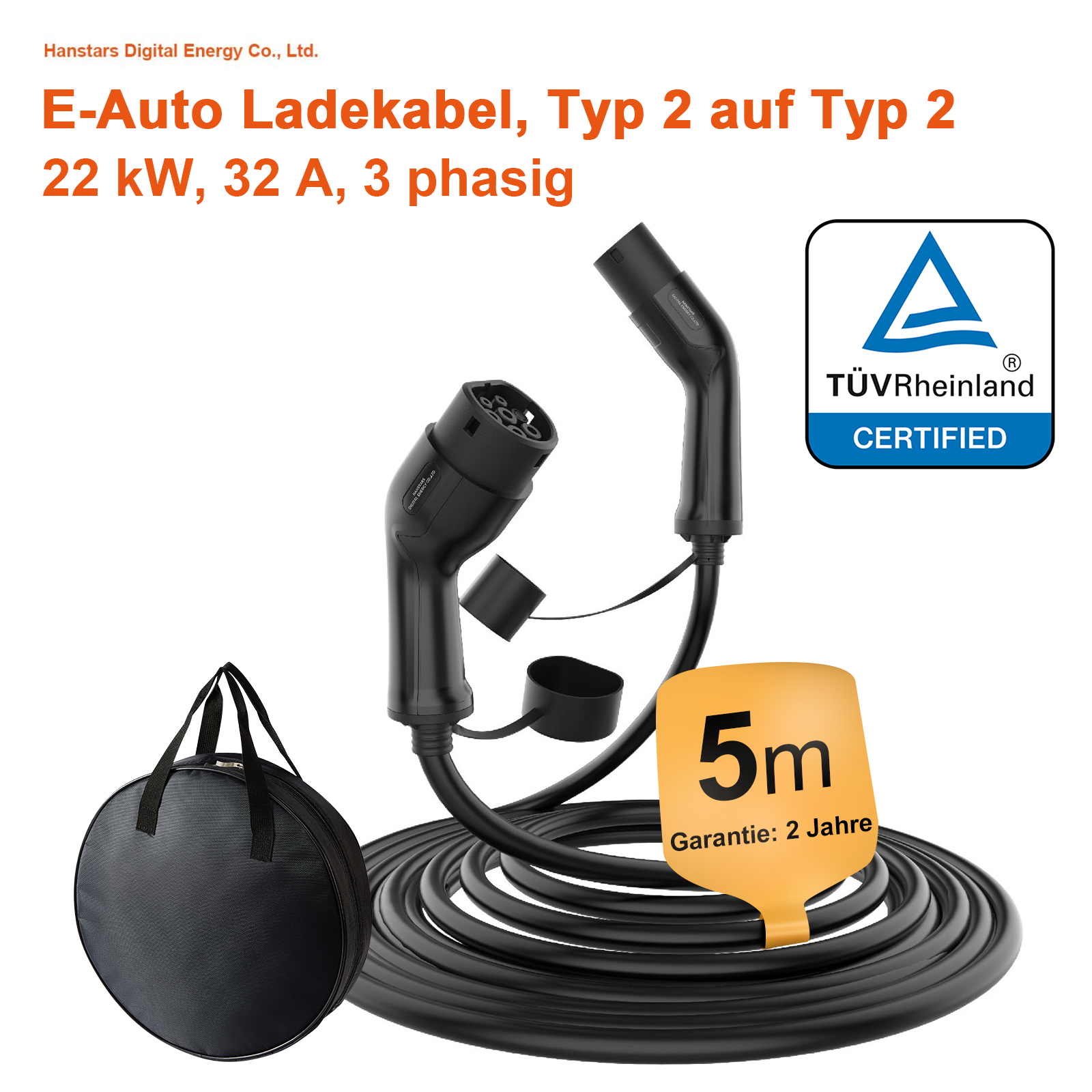 HANSTARS EV-Ladekabel, Typ 2 auf Typ 2, 3-Phasig 32A 5 Meter 22 kW mit Tasche