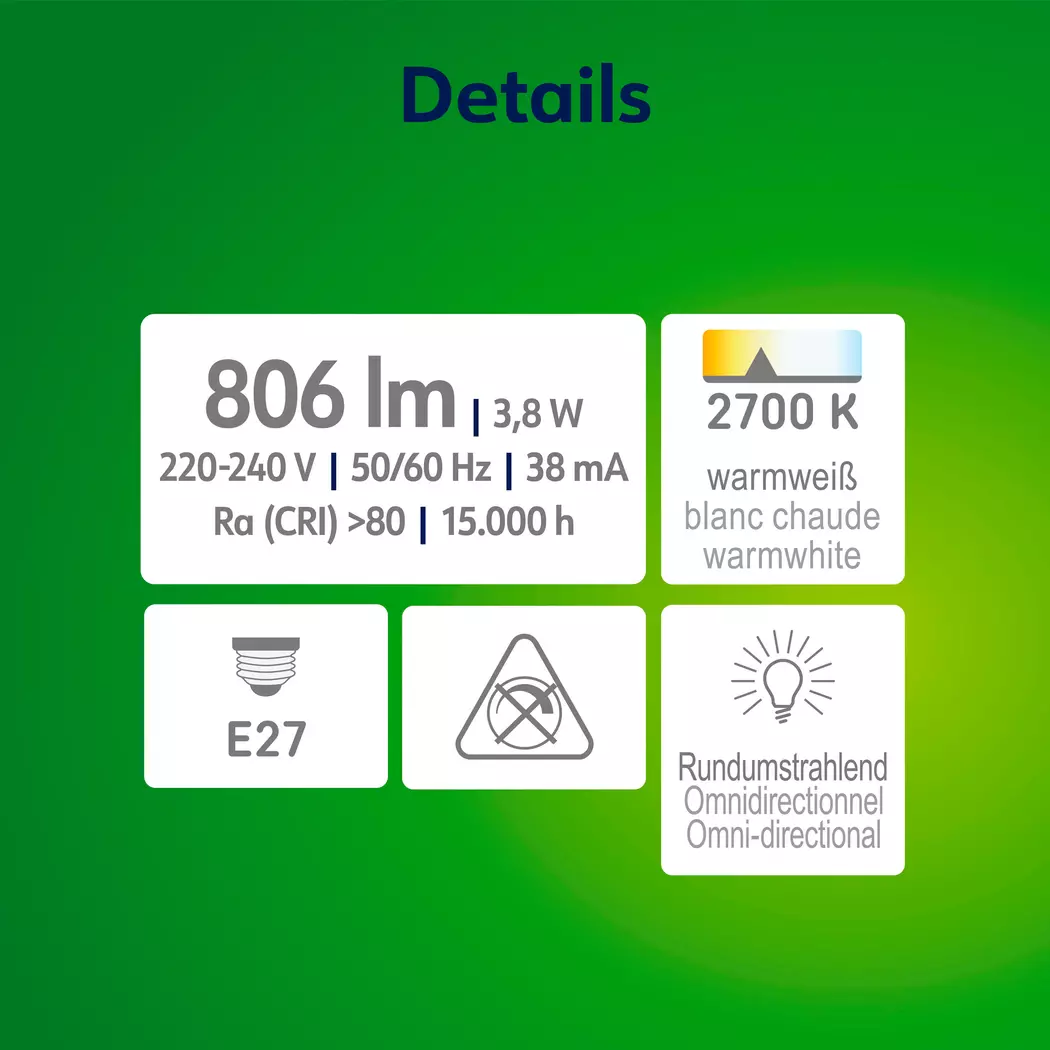 LED-Birne E27 / 3,8 Watt / Energie A