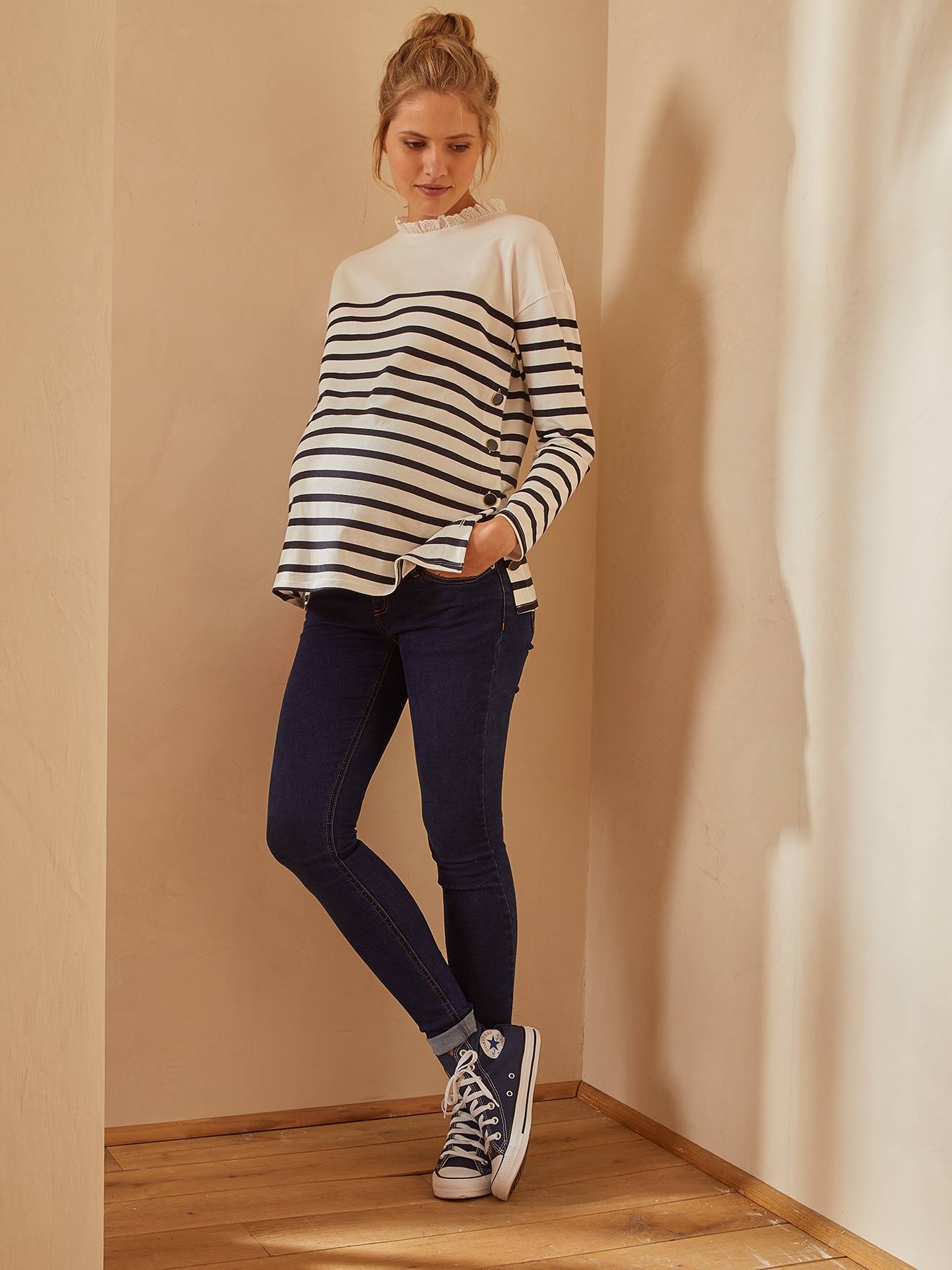 Calça jeans skinny de gestante com cós sem costura, azul escuro liso