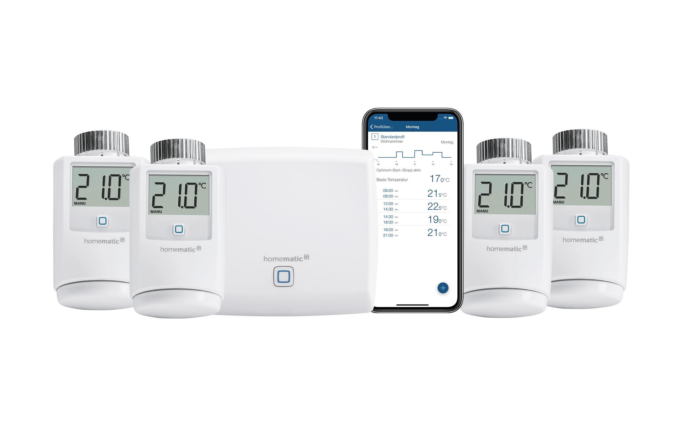 Smart Home Starter Set Heizen 4 Thermostate<br>Set zur intelligenten Heizungssteuerung, Heizkörperthermostat, Zentrale Homematic IP Access Point HmIP-SK16-2