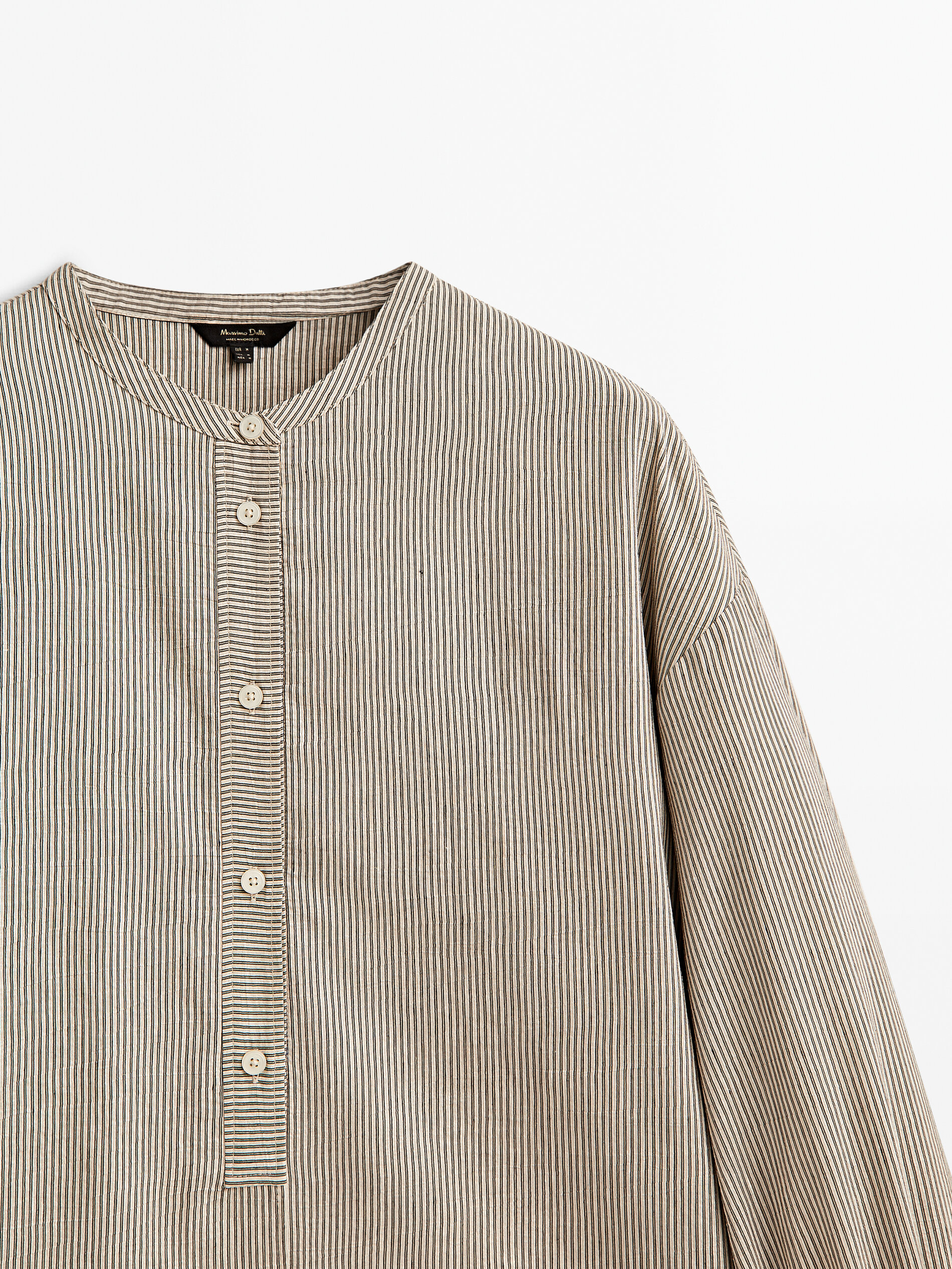 Camisa rayas manga volume cuello mao - MARRÓN