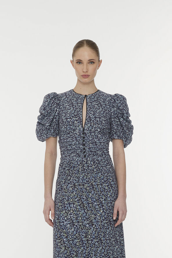 ROTATE Birger Christensen Puff Sleeve Sequin Dress Vibrant floral outline   purple pennant comb.