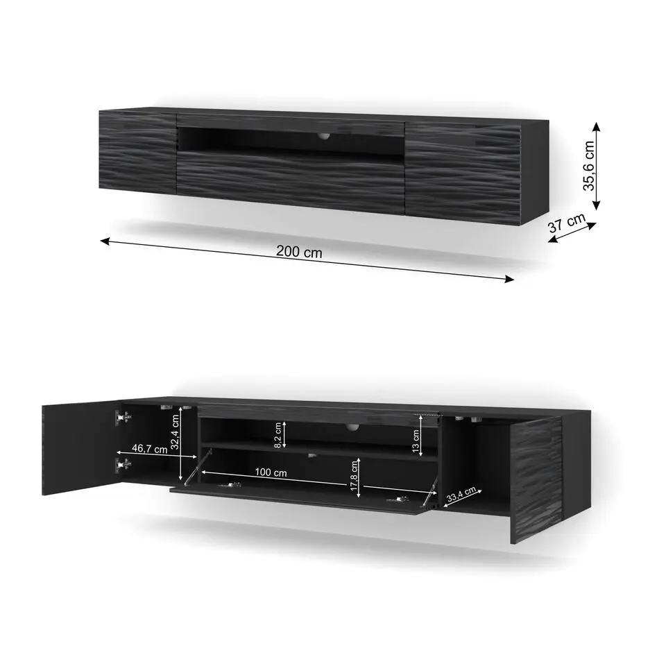 AURA TV-meubel 200 cm universeel mat zwart