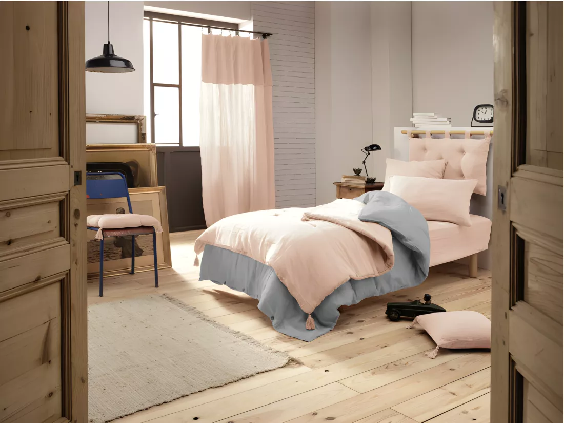 Édredon 150 x 150 cm en gaze de coton rose avec 4 pompons - PEPA