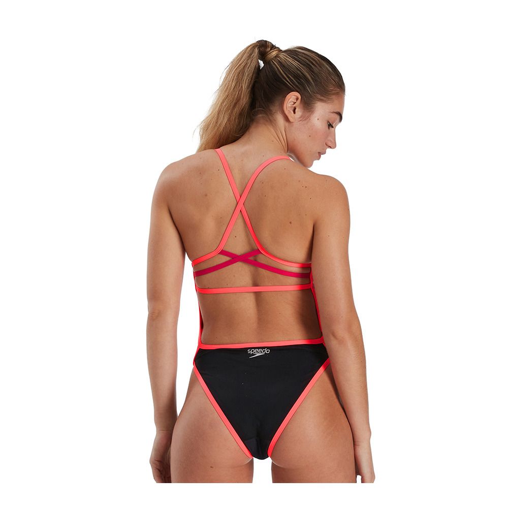 Speedo GLITCHZONE PLACEMENT RIBBONBACK - Maillot de bain 1 pièce Femme blackred