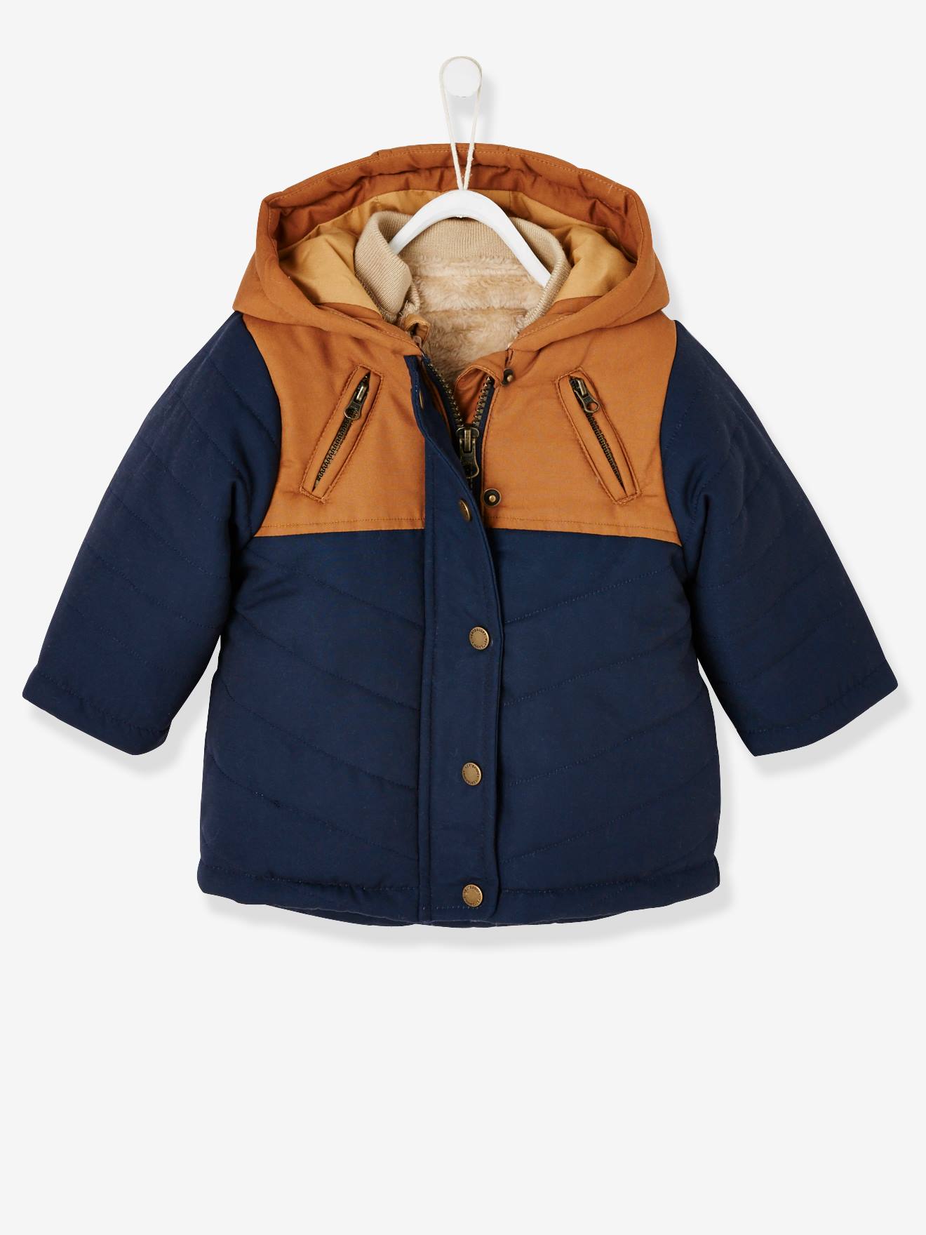 Parka 3 em 1 para bebê menino com jaqueta removível de malha azul-escura lisa.