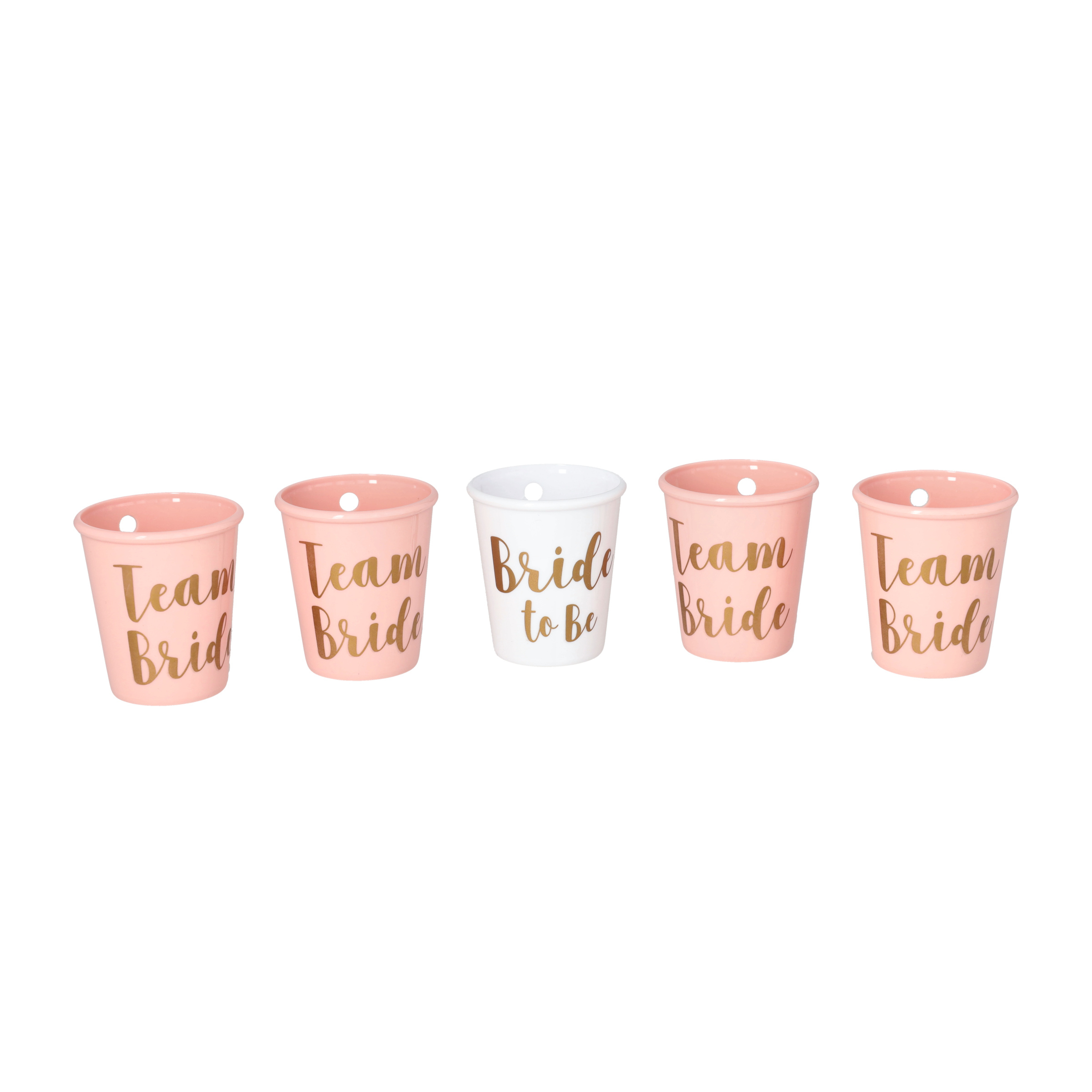(12er Set) Mehrweg Shot Becher mit Kette Junggesellinnenabschied Bride to Be Party Deko - Rosa / Weiss