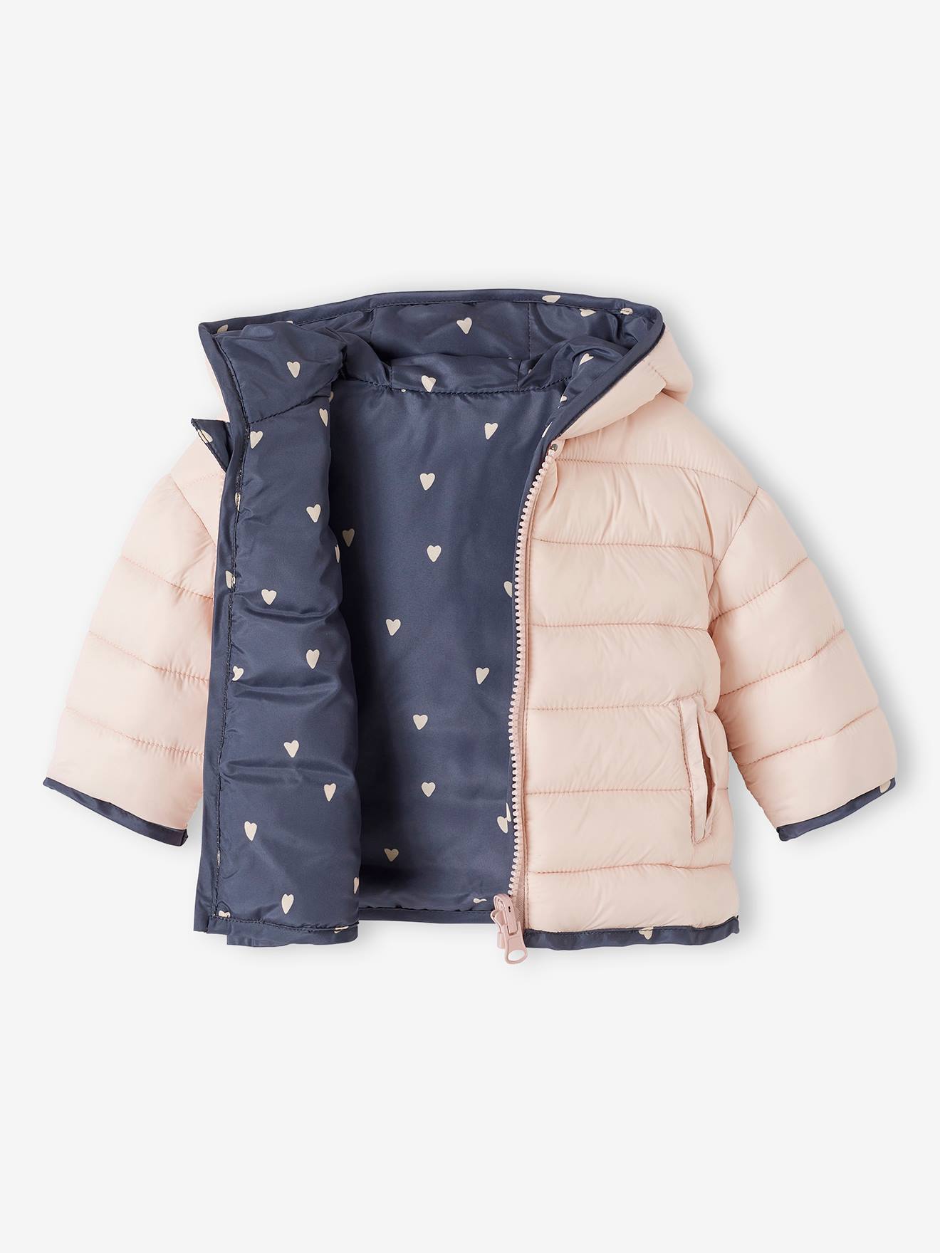 Casaco reversível acolchoado para bebê, roxo médio, liso com estampas.