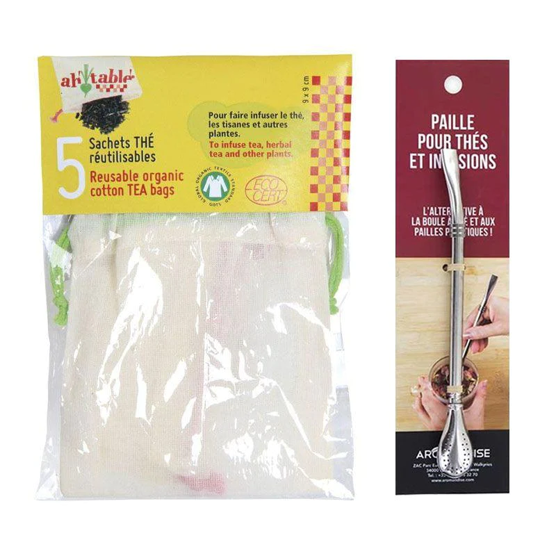 5 sachets de thé réutilisables + paille inox avec filtre Youdoit