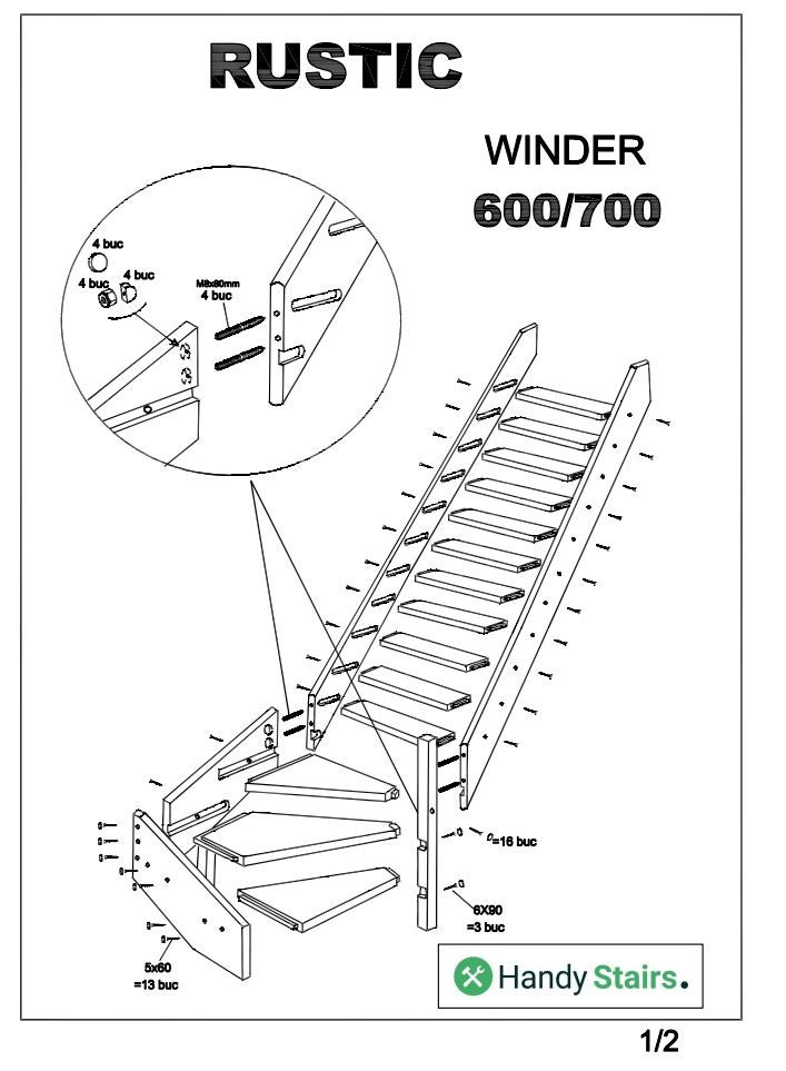 HandyStairs Müllertreppe “Rustic60” – kwartslag links – hoogte 280 cm – 13 treden van dennenhout