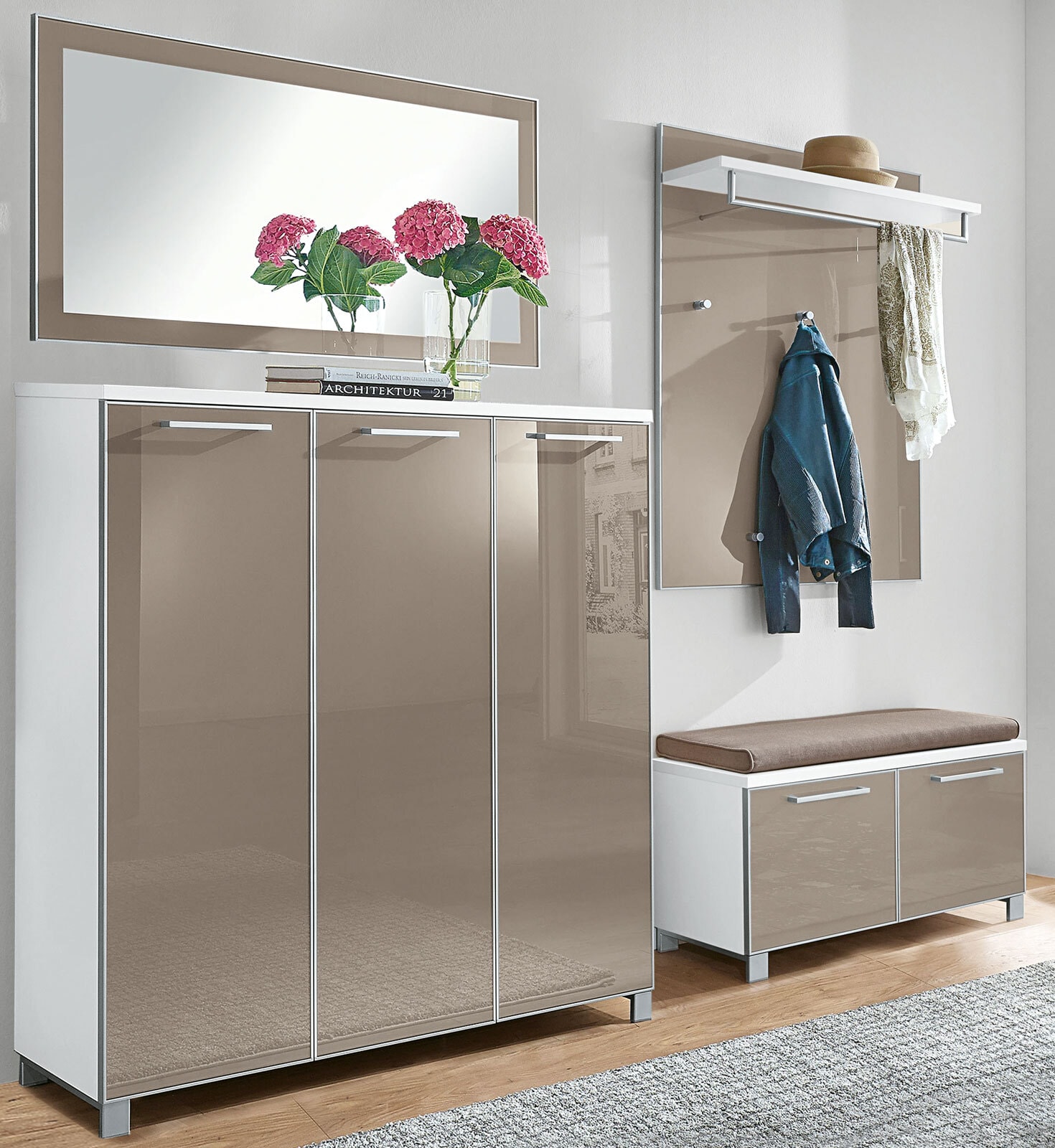 VOSS Garderobenkombi SANTINA Lack weiß/ Glas taupe