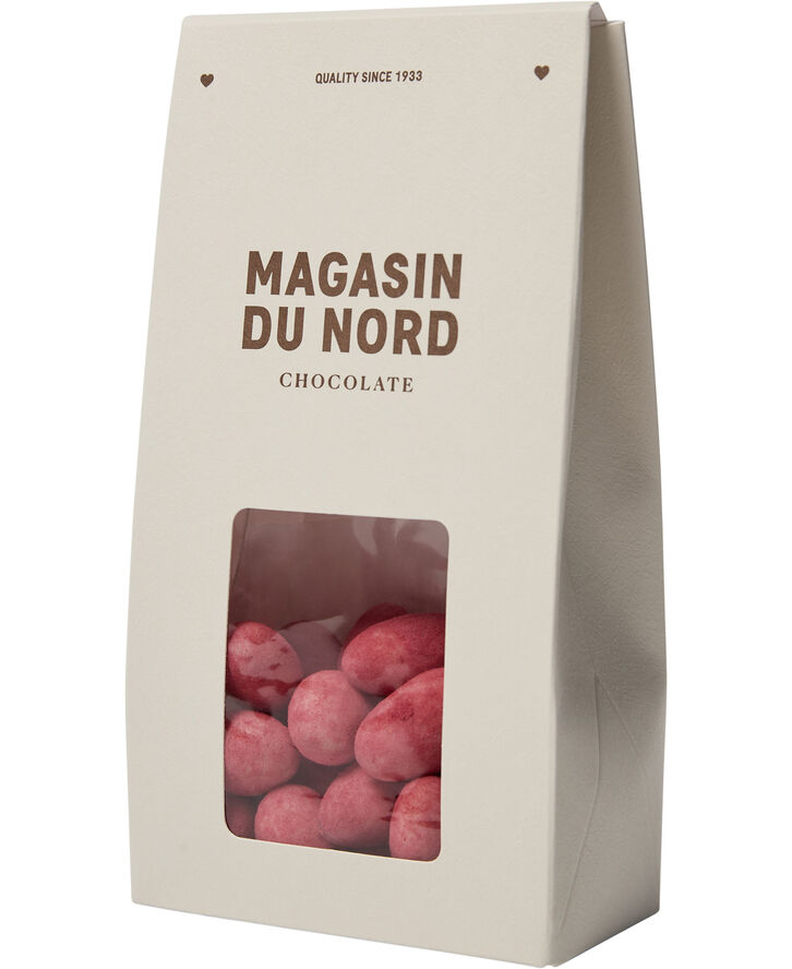 Magasin Chokolade Æske, Mandeldragé m/ hvid chokolade & hindbær 100 g