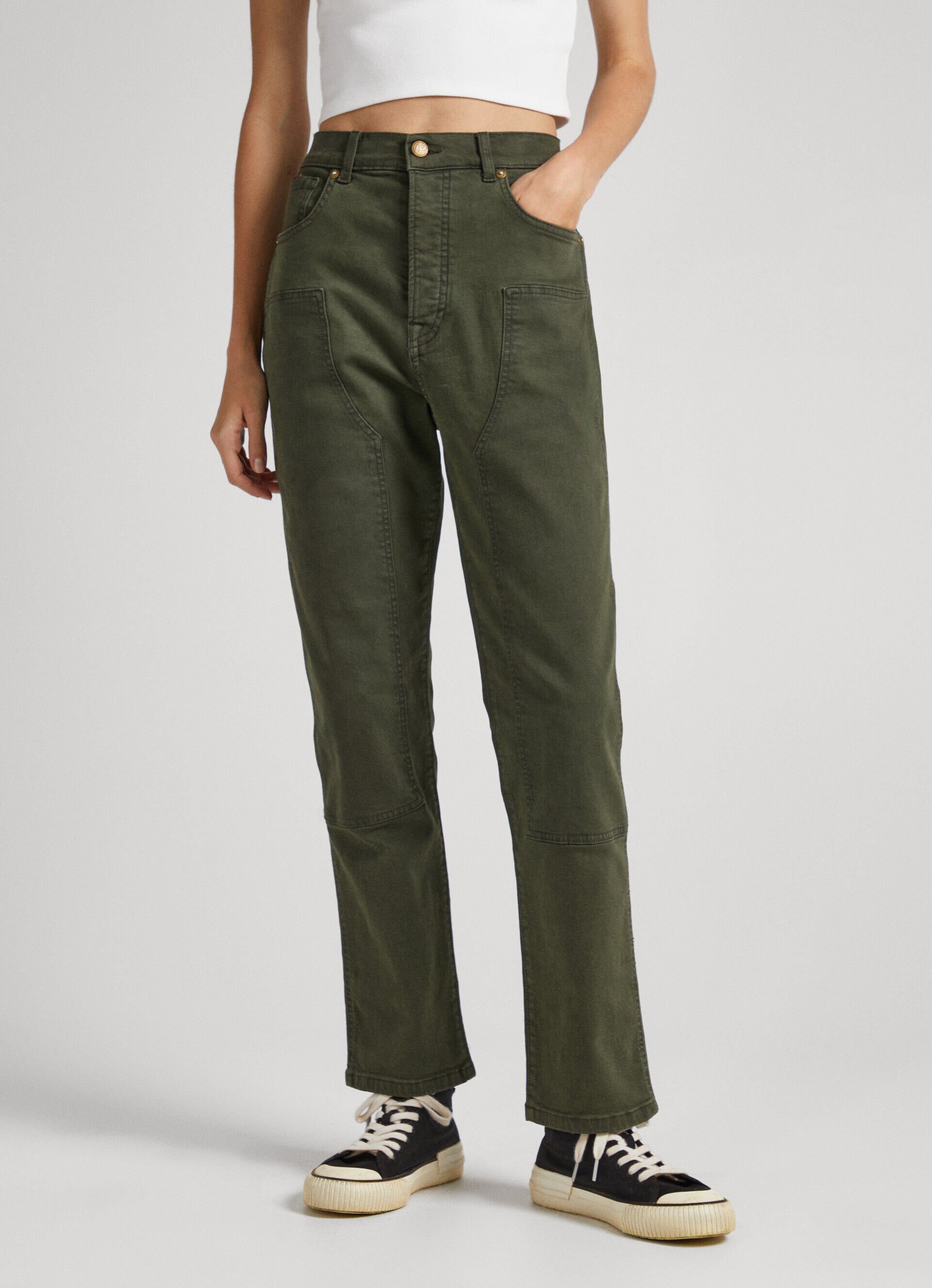 Calça de corte relaxado com 5 bolsos - verde oliva