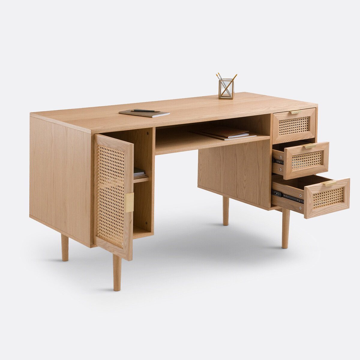 SO'HOME<br>Mesa de escritório dupla em carvalho folheado e rattan, Loris