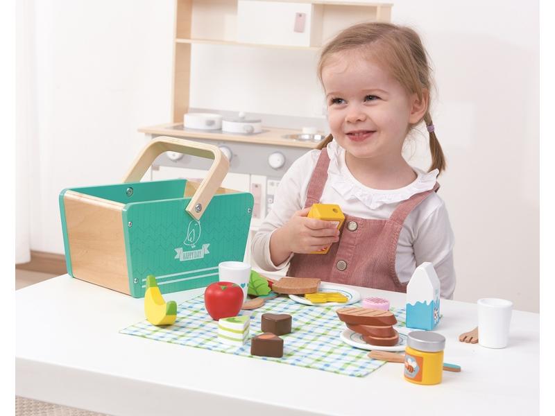 Spielba Holzspielwaren Spiel-Lebensmittel Picknick-Korb aus Hölzernes Picknickkorb-Set mit 25 Zubehörteilen