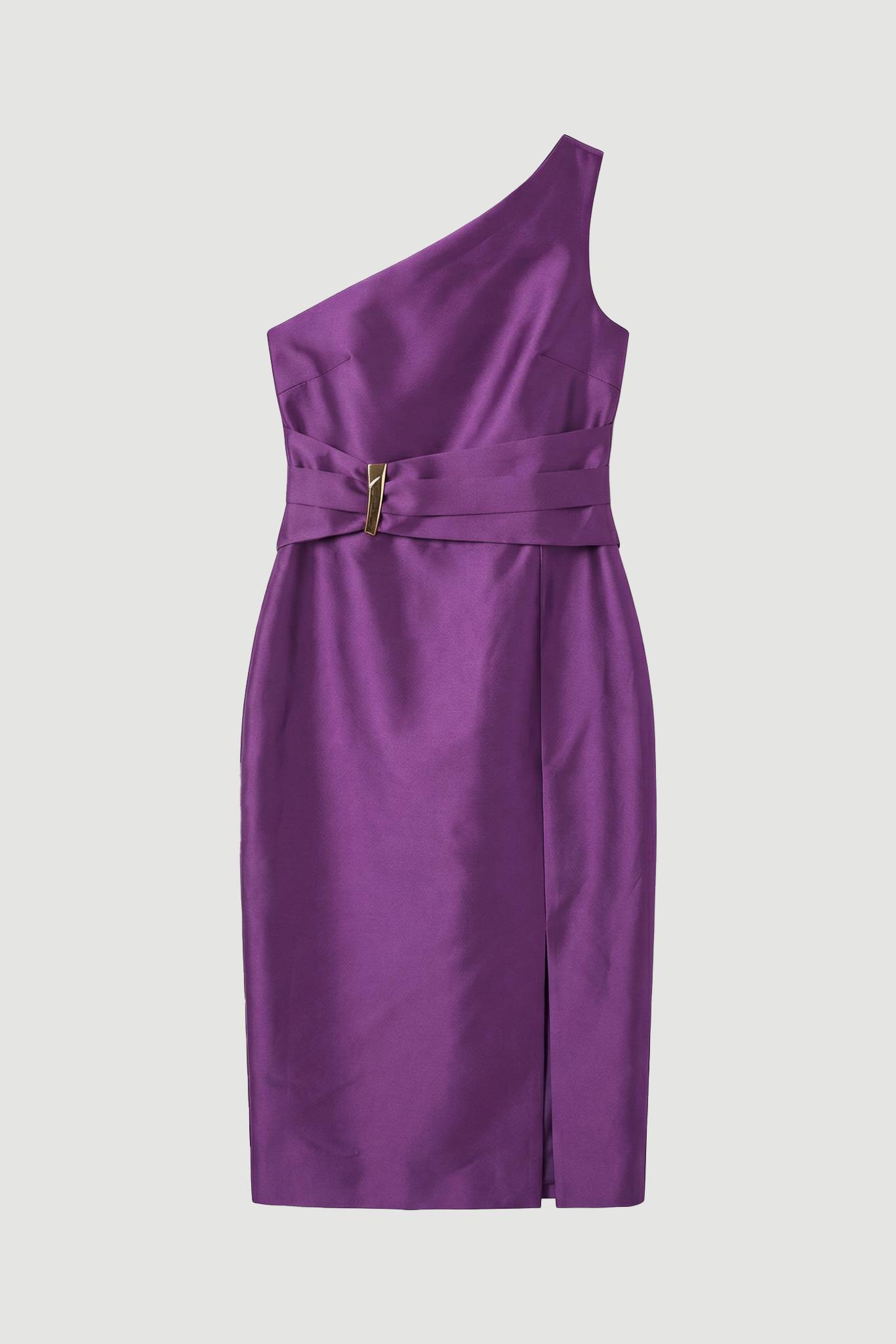 KarenMillen Robe Midi Ajustée à Col Asymétrique Structuré avec Détails de Passepoil en Satin Sergé