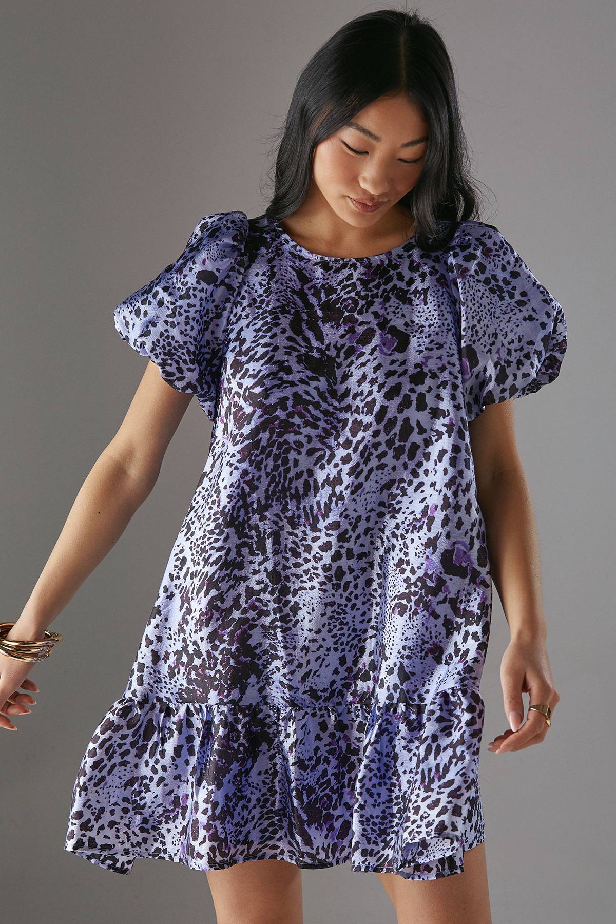 Warehouse Petite Robe Mini Évasée en Organza à Manches Bouffantes