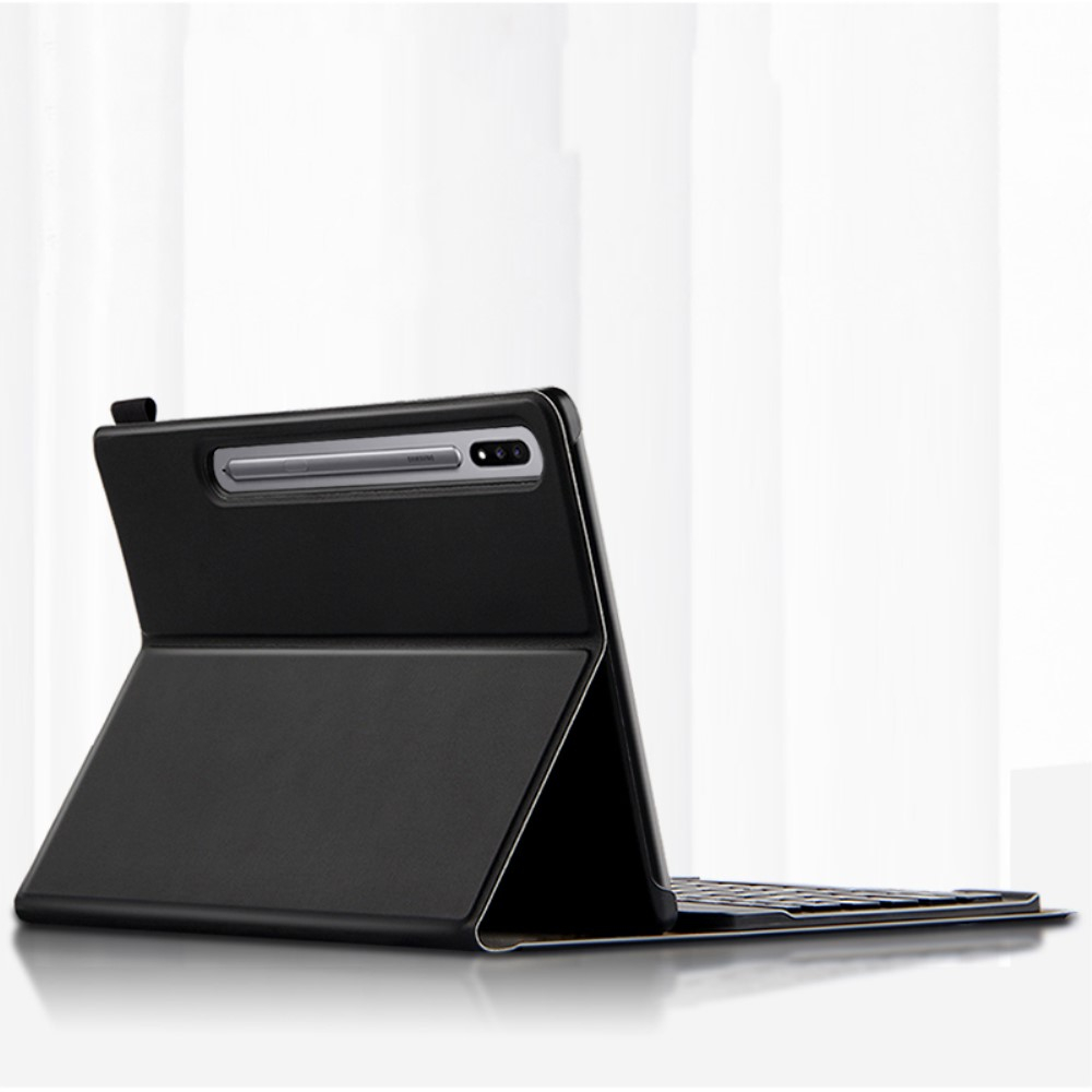 Samsung Galaxy Tab S8 / Tab S7 Leder Tasche mit Bluetooth Tastatur (QWERTY)   Touch Pen Halterung Litchi Look - Schwarz
