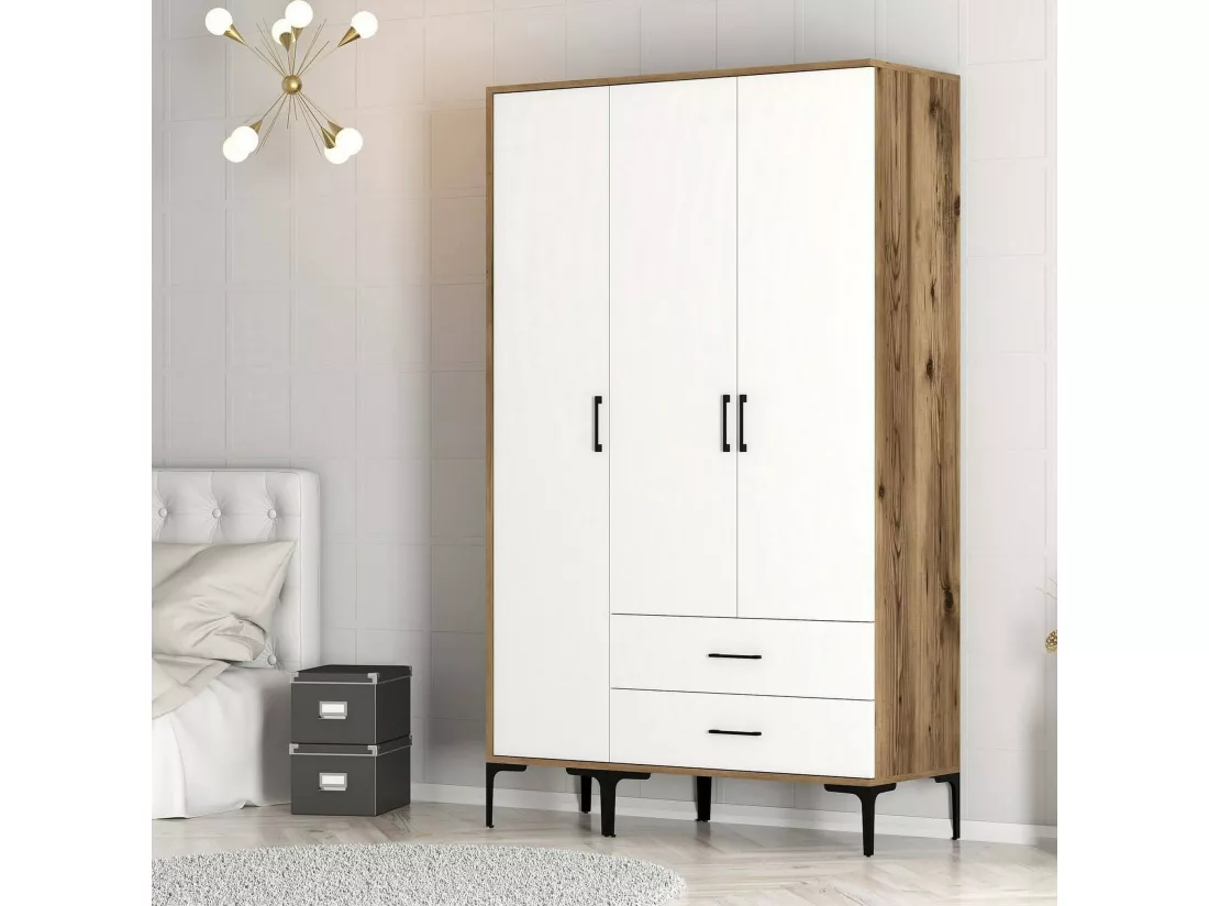 Garde-robe 3 portes Dangiull, Meubles de chambre, Penderie de plain-pied, Placard à vêtements, 120x201h48 cm, Noyer et Blanc