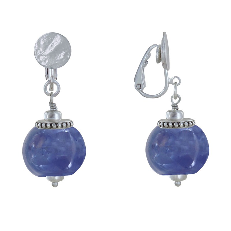Boucles d'Oreilles Clip Métal Argenté et Grosses Perles en Céramique