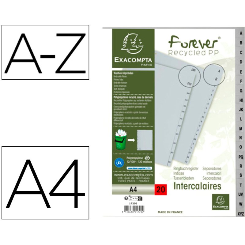 Intercalaires imprimes alphabetiques exacompta       polypropylene a4 20positiones a-z gris