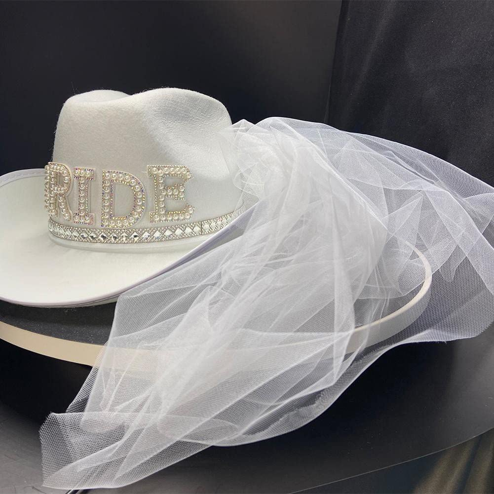 (39.5x30x15cm) Bride Cowgirl Hut Junggesellinnenabschied Party Accessoire mit Schleier - Weiss