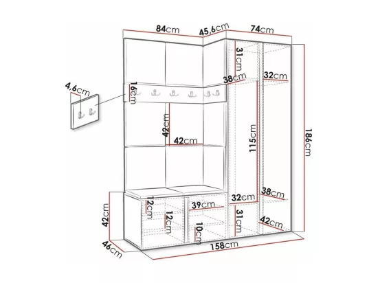 Meuble d'entrée Hartford 278, 186x158x46cm, Miroir, Blanc, Tapisserie|Stratifié